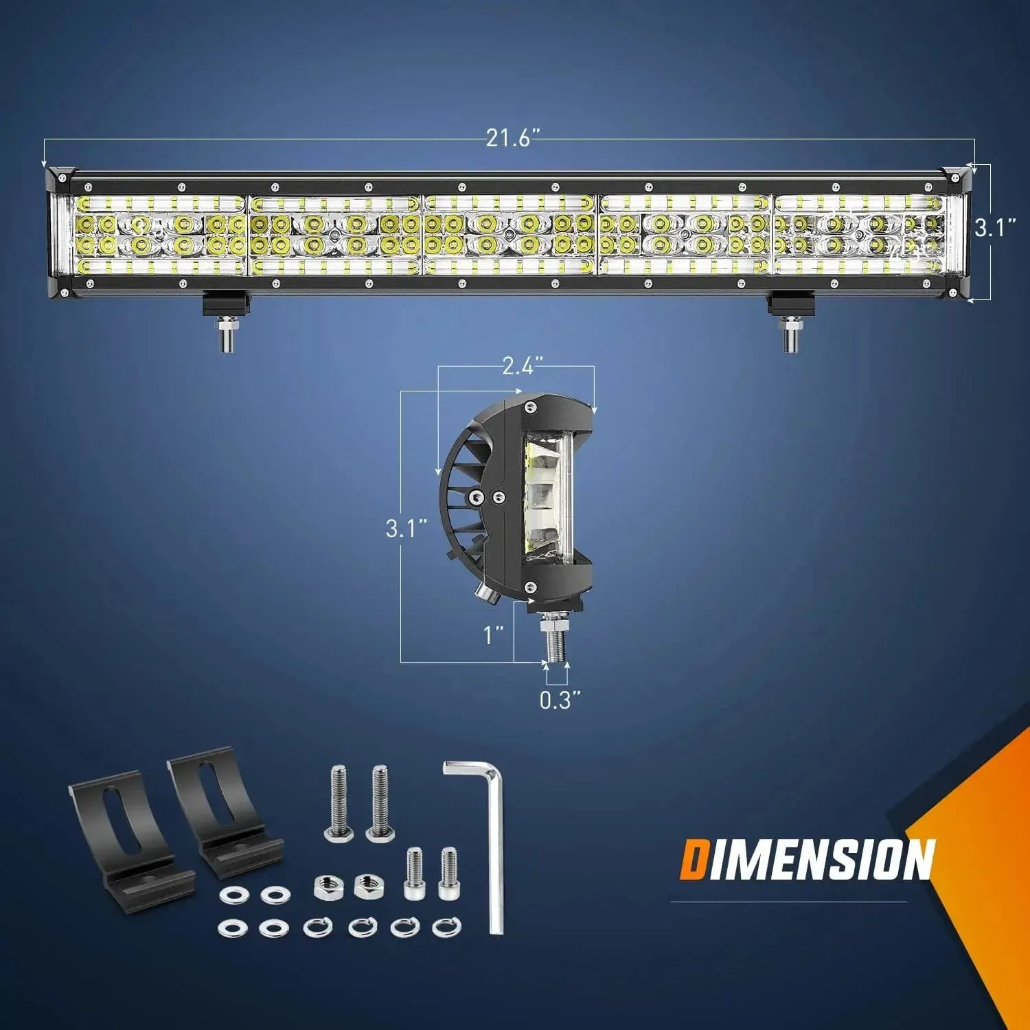 22 Inch 456W Side Shooter Quadruple Row Spot Flood LED Light Bar | 16AWG Wire 3Pin Switch