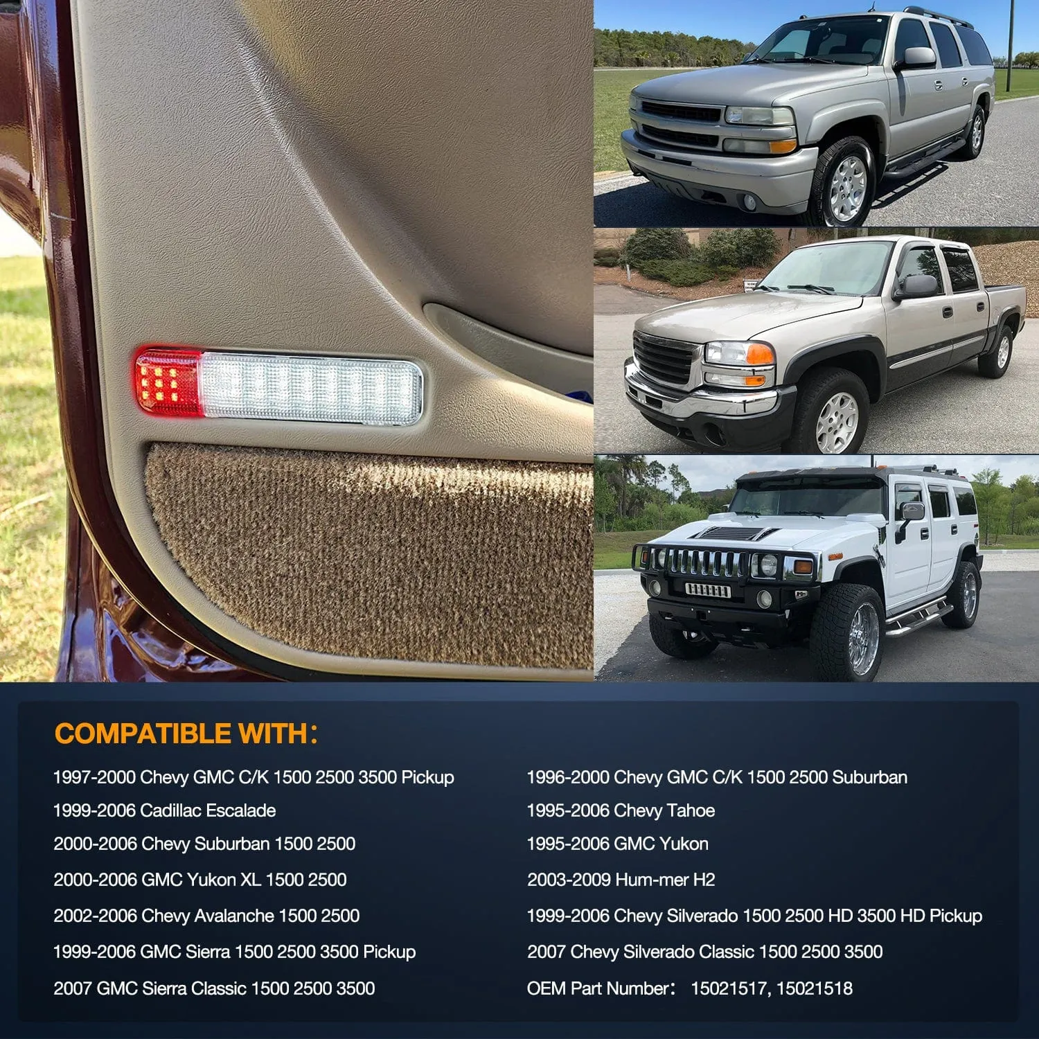 4PCS LED Interior Door Panel Light Courtesy Warning Lights White Red Plug and Play Compatible with Chevy GMC C/K Silverado Sierra 1500 2500 3500 HD Suburban Cadillac Escalade Hummer H2