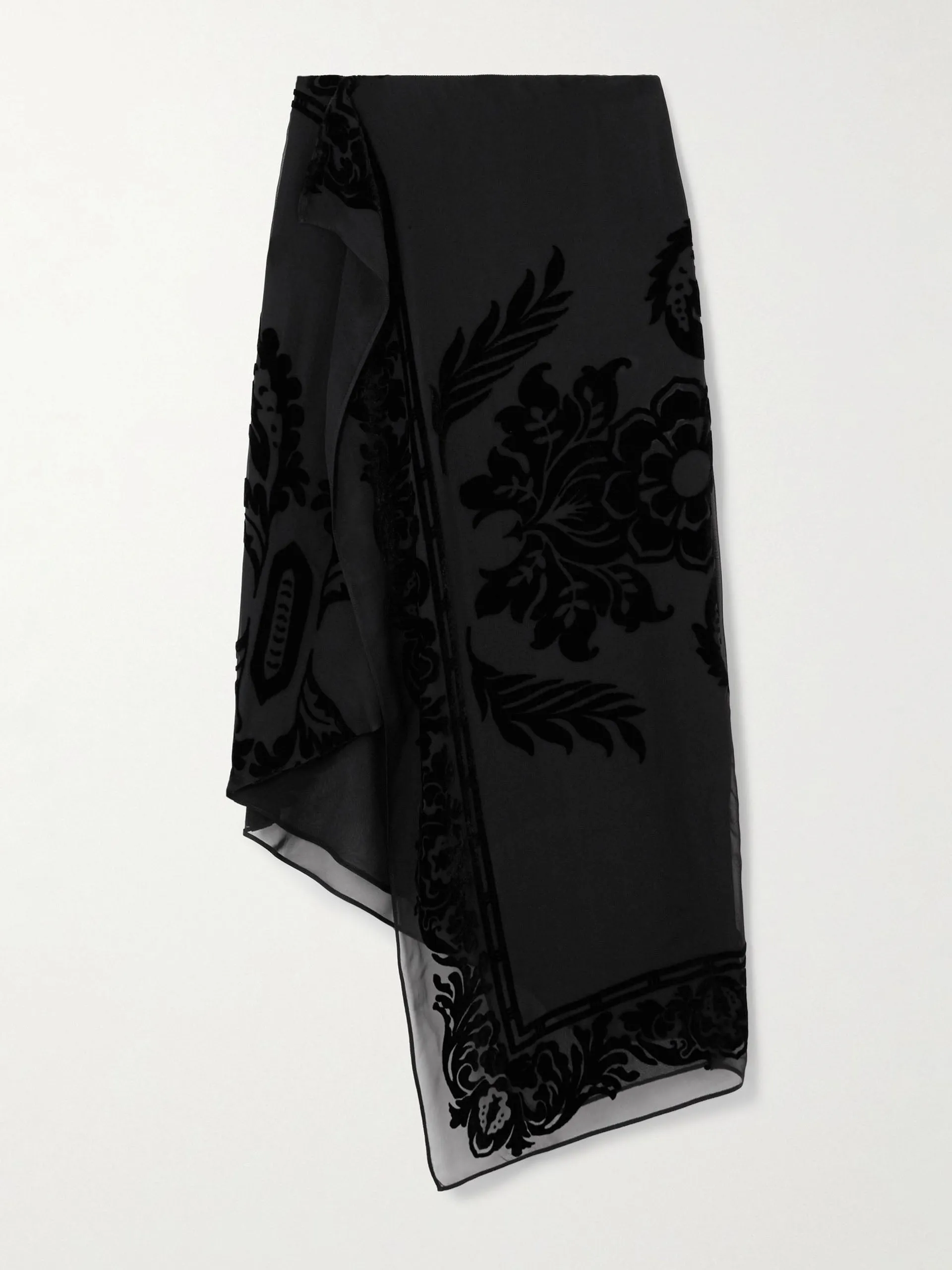 Asymmetric devoré-velvet wrap skirt