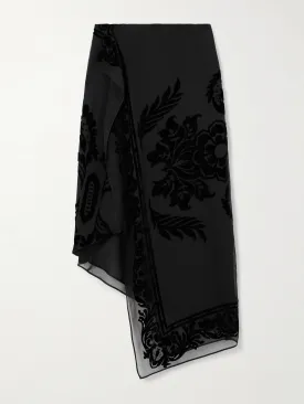 Asymmetric devoré-velvet wrap skirt