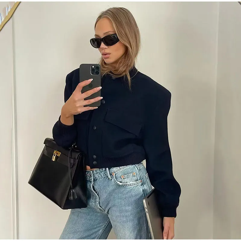 Aviator Bomber Jacket: Women's Sport Flap Pockets Cropped Blazer