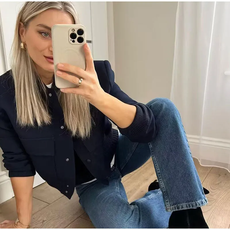 Aviator Bomber Jacket: Women's Sport Flap Pockets Cropped Blazer