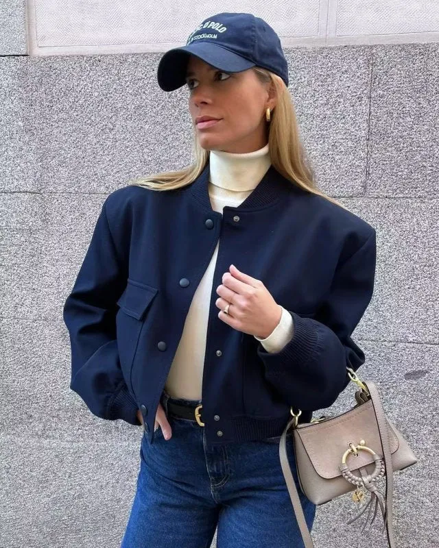 Aviator Bomber Jacket: Women's Sport Flap Pockets Cropped Blazer