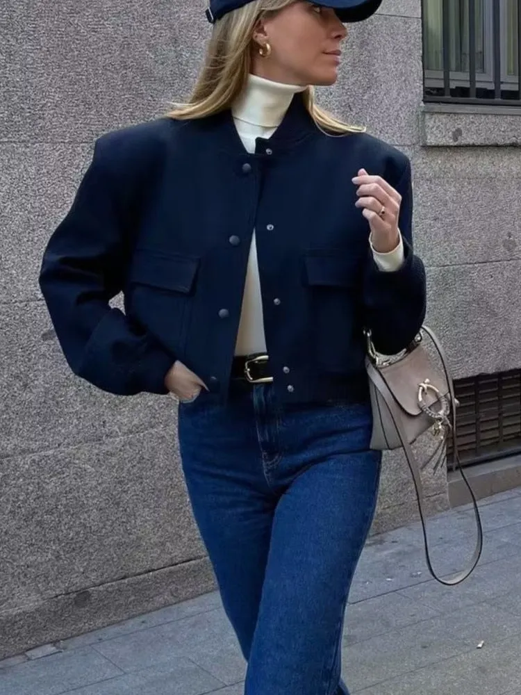 Aviator Bomber Jacket: Women's Sport Flap Pockets Cropped Blazer