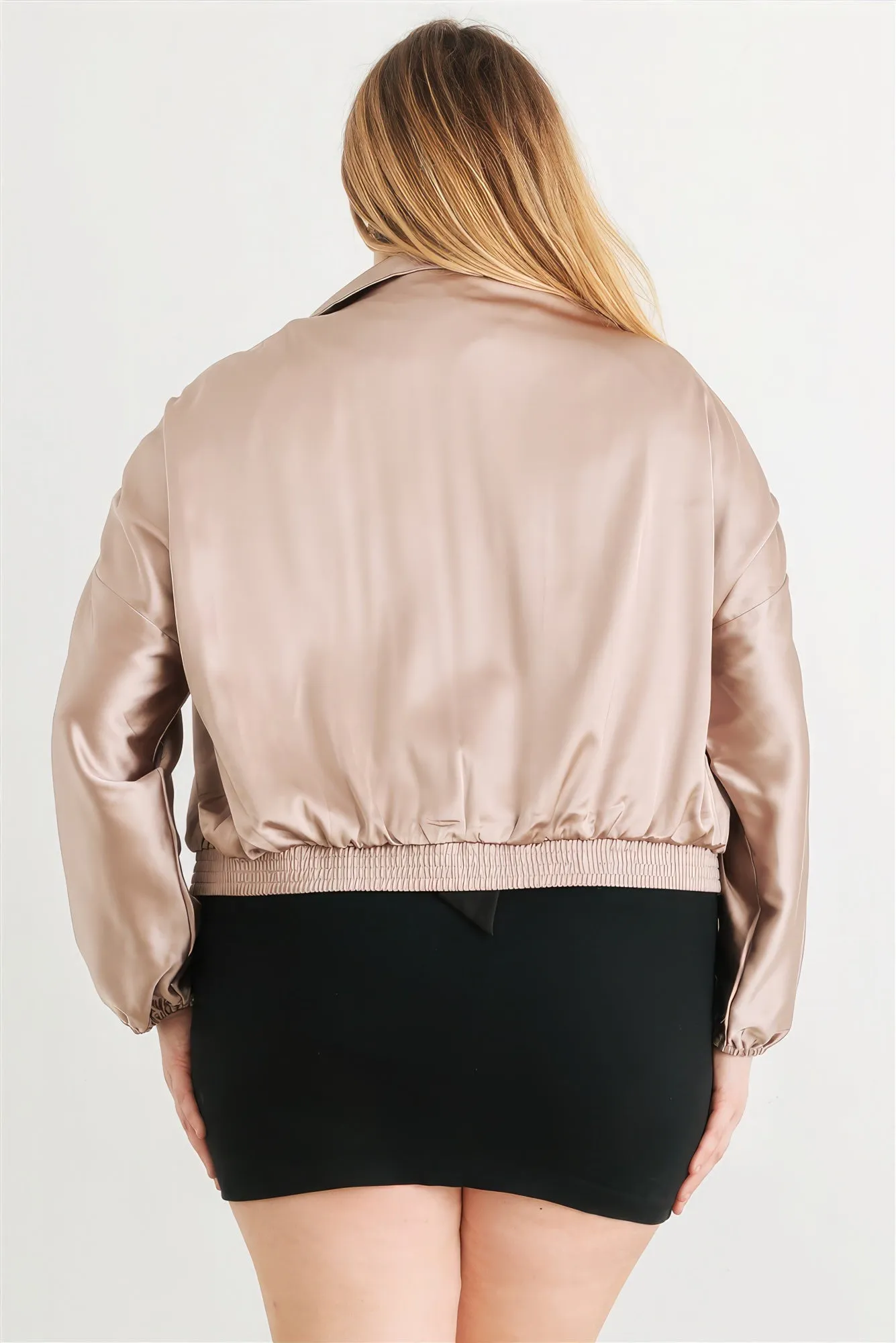 Blue Zone Planet |  Plus Satin Zip-up Ruched Long Sleeve Cropped Bomber Jacket