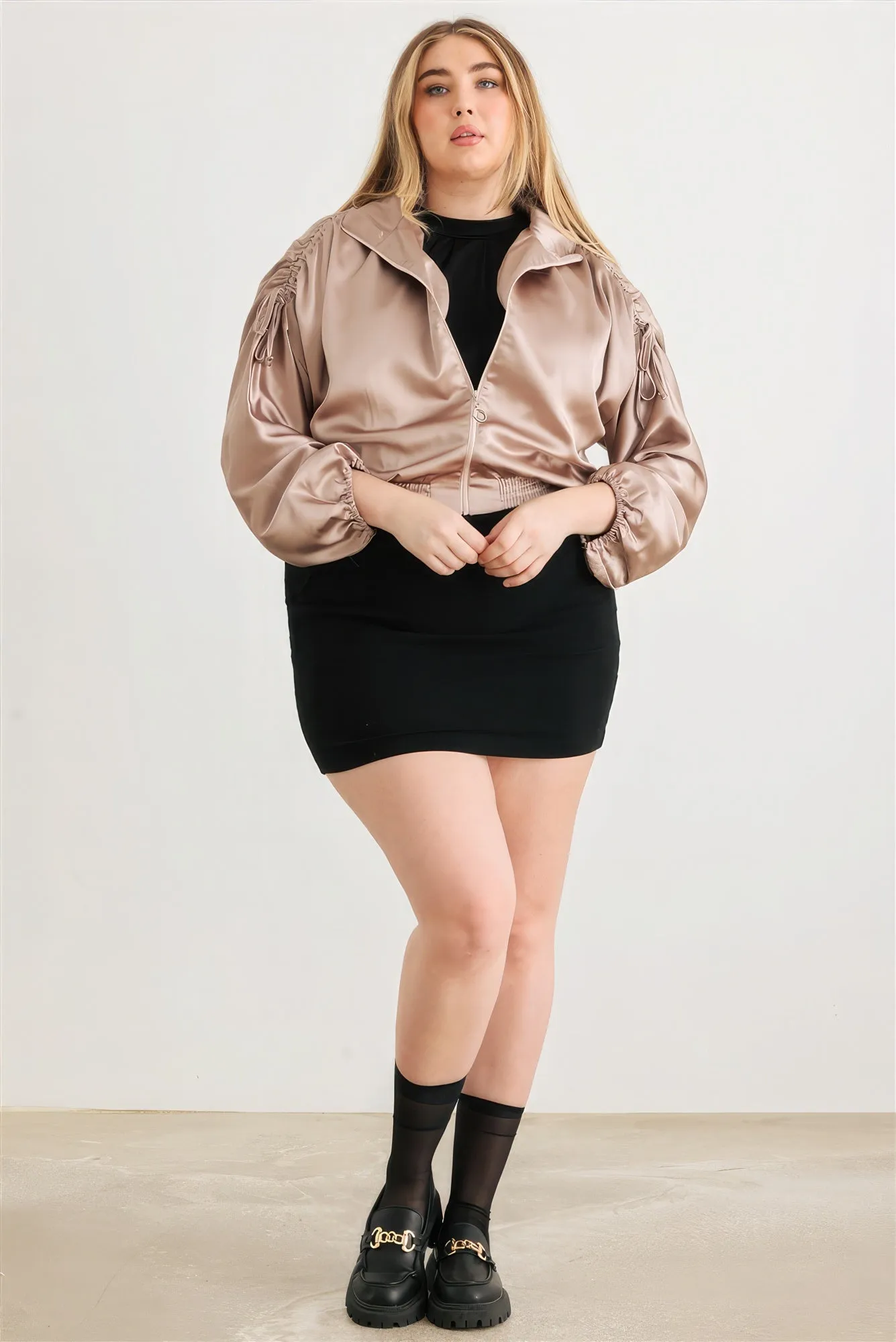 Blue Zone Planet |  Plus Satin Zip-up Ruched Long Sleeve Cropped Bomber Jacket