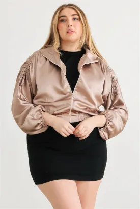 Blue Zone Planet |  Plus Satin Zip-up Ruched Long Sleeve Cropped Bomber Jacket