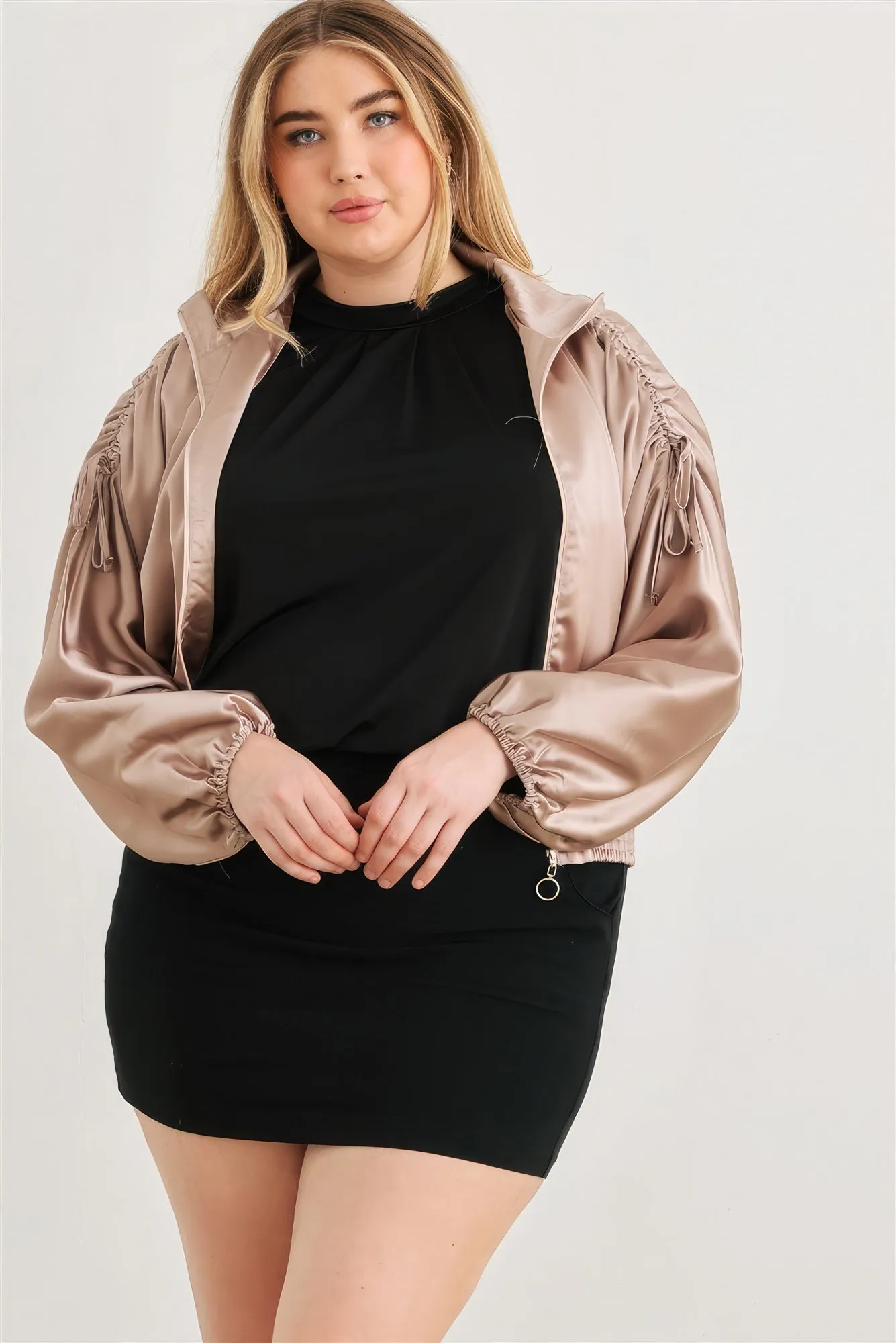 Blue Zone Planet |  Plus Satin Zip-up Ruched Long Sleeve Cropped Bomber Jacket