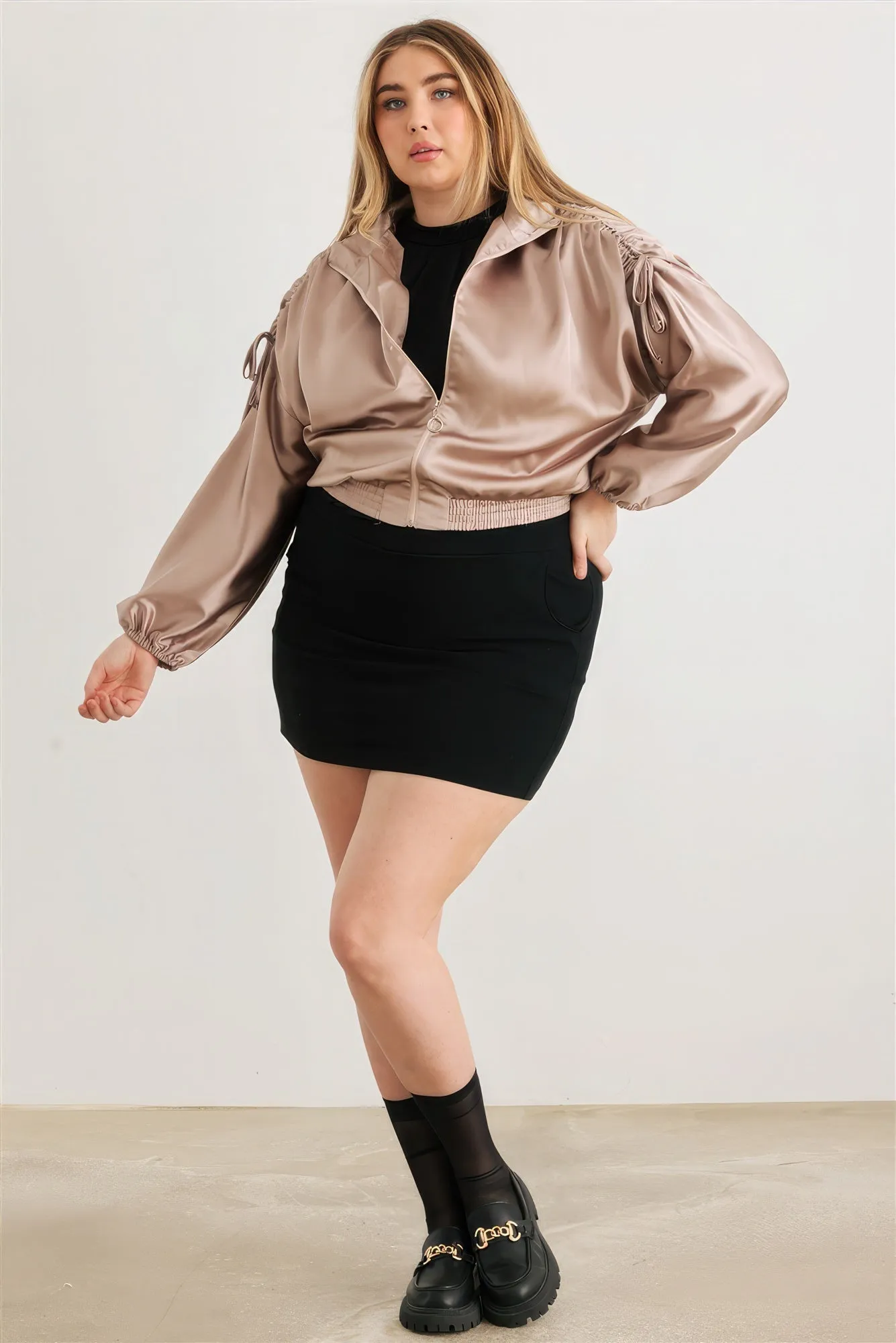 Blue Zone Planet |  Plus Satin Zip-up Ruched Long Sleeve Cropped Bomber Jacket