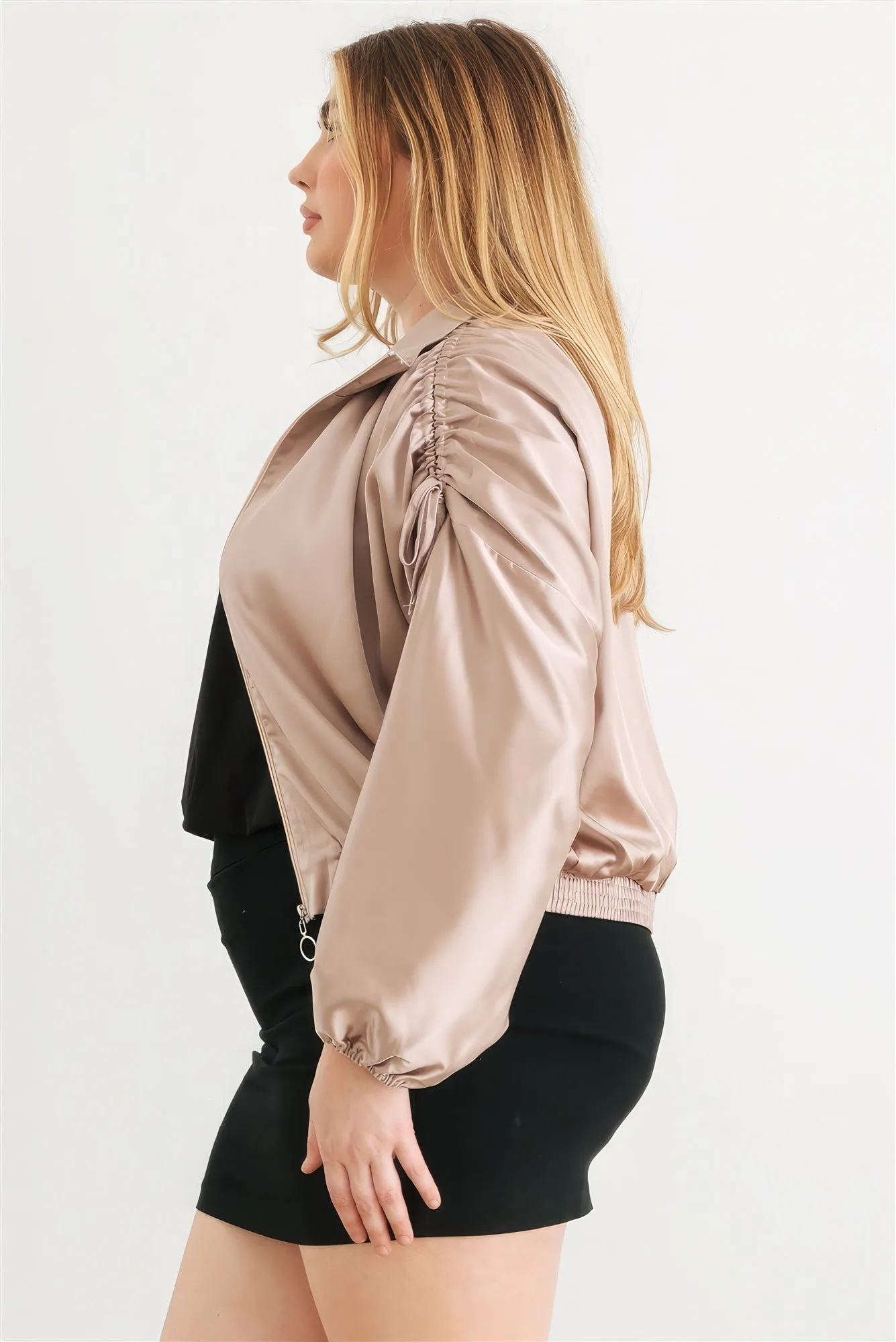 Blue Zone Planet |  Plus Satin Zip-up Ruched Long Sleeve Cropped Bomber Jacket