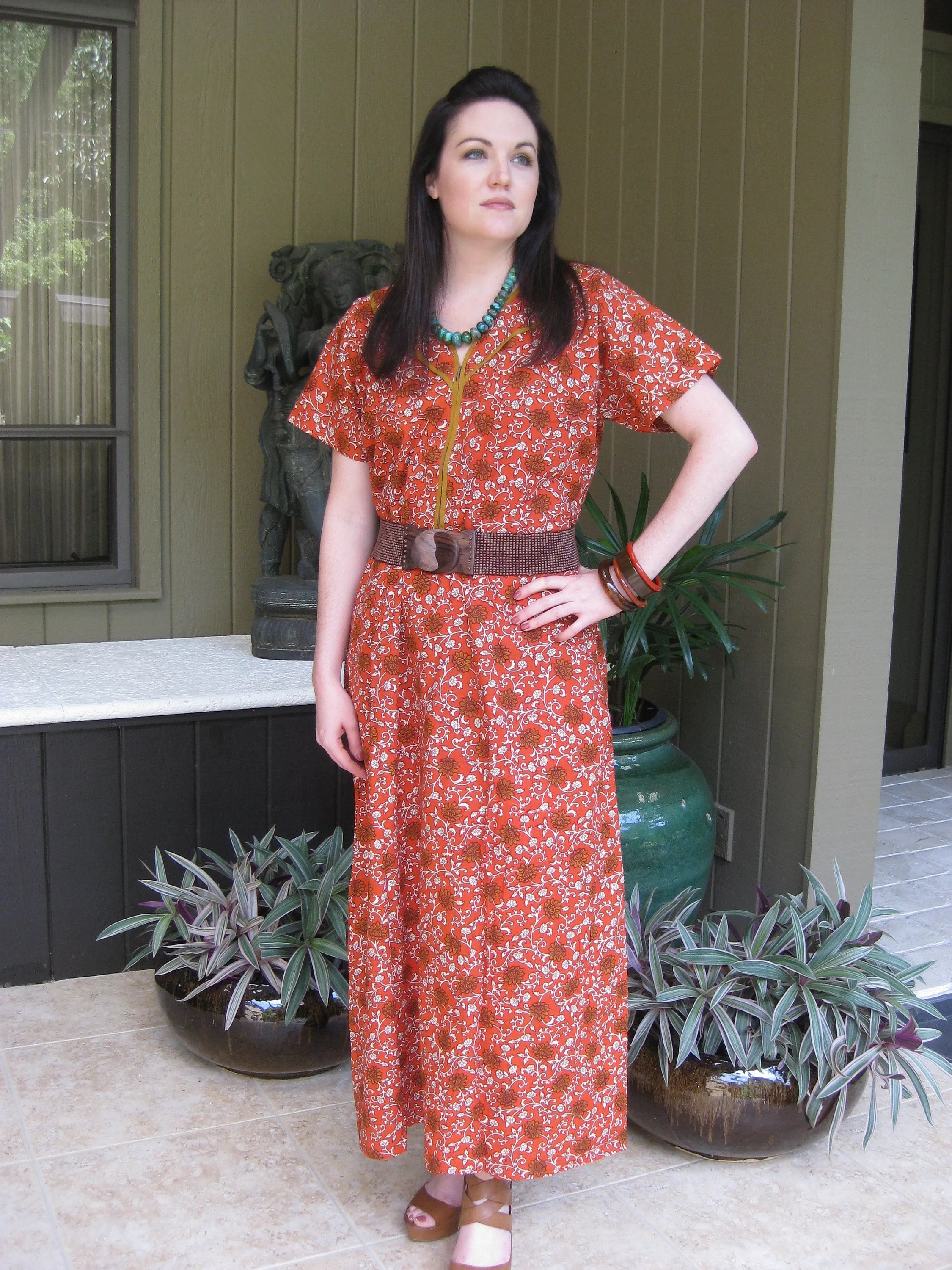Boho Nightgown Maxi Dresses, Housedress Lounger Loose Pink Caftan L