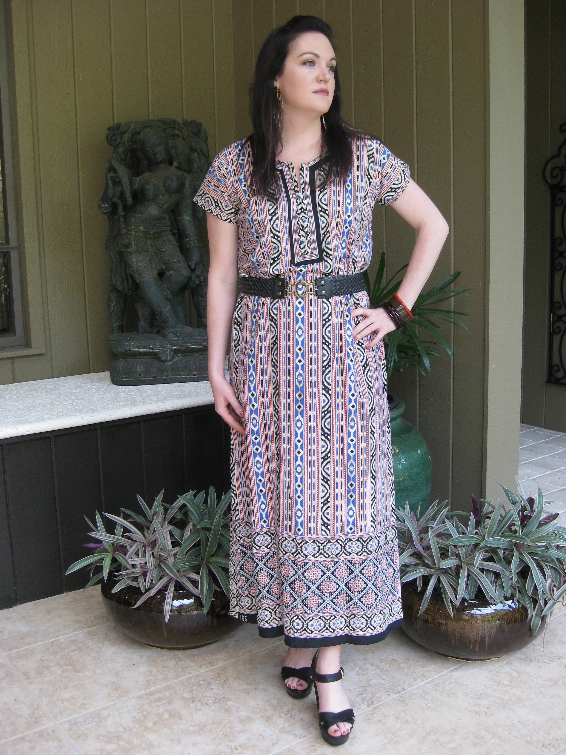 Boho Nightgown Maxi Dresses, Housedress Lounger Loose Pink Caftan L
