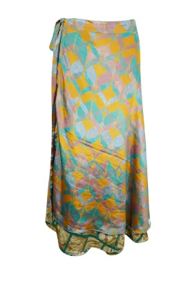 Boho Wrap skirt, Yellow, Green Paisley Layers Wrap Skirts One Size