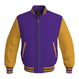 Bomber Jacket Women Purple Body and Gold Leather Sleeves Bomber Jacket
