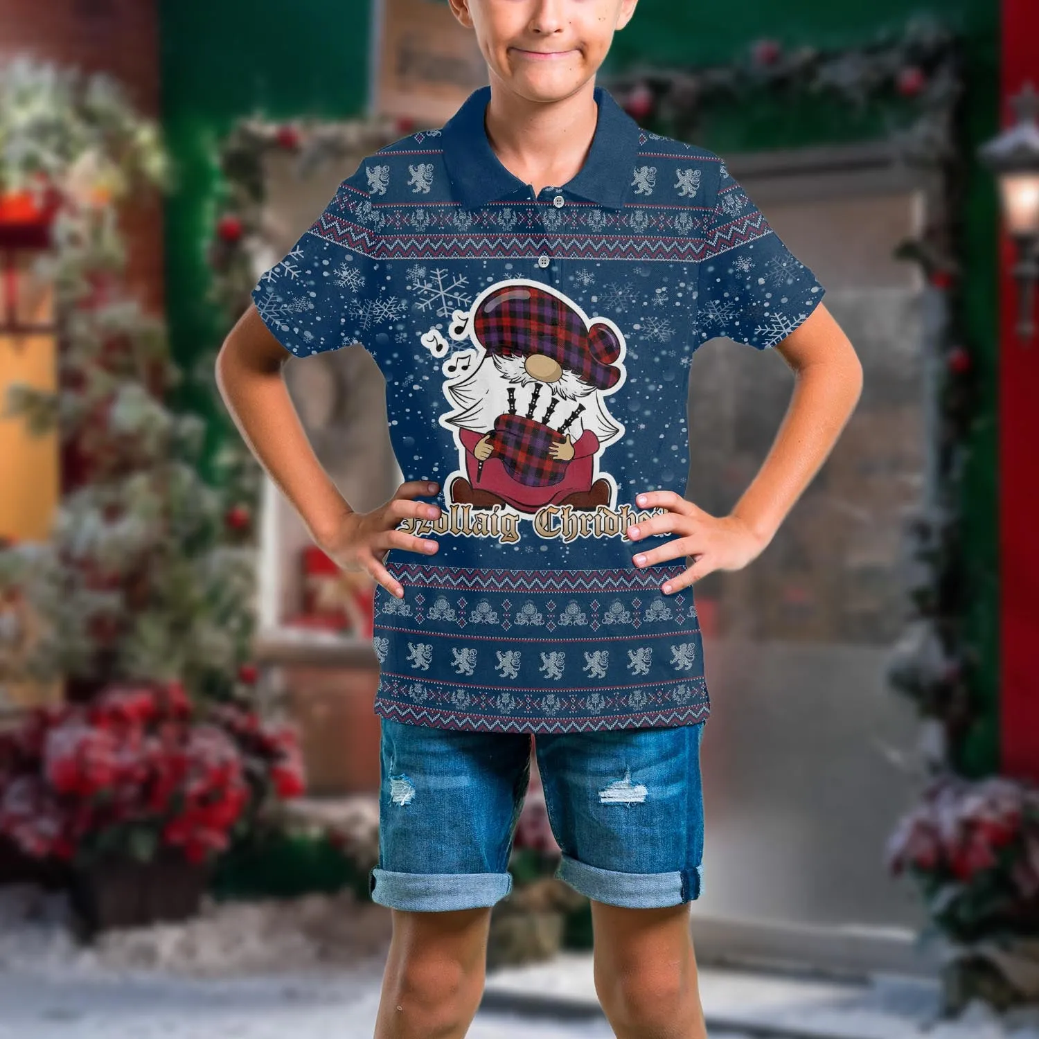 Broun Modern Clan Christmas Family Polo Shirt with Funny Gnome Playing Bagpipes