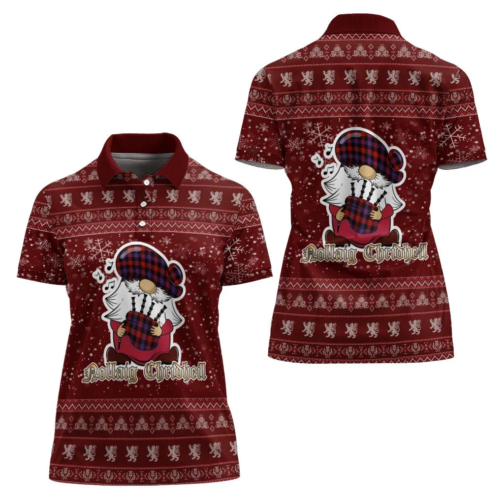 Broun Modern Clan Christmas Family Polo Shirt with Funny Gnome Playing Bagpipes