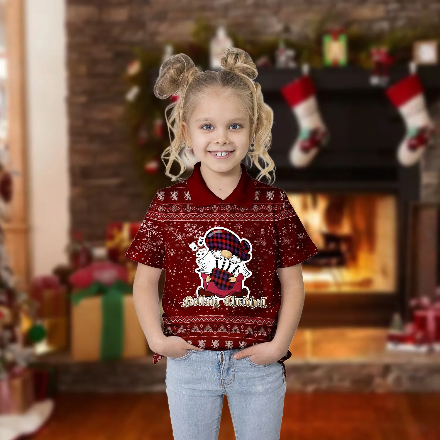 Broun Modern Clan Christmas Family Polo Shirt with Funny Gnome Playing Bagpipes