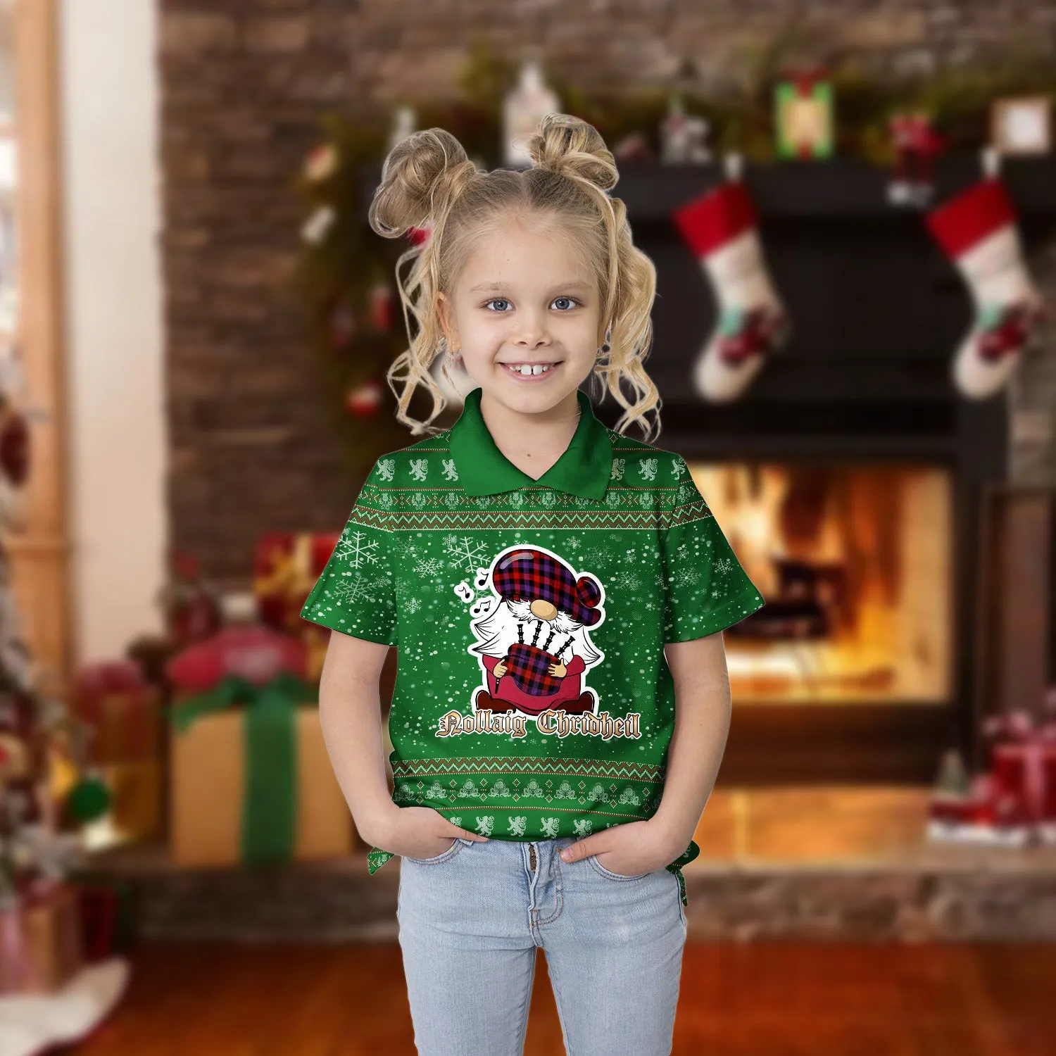 Broun Modern Clan Christmas Family Polo Shirt with Funny Gnome Playing Bagpipes