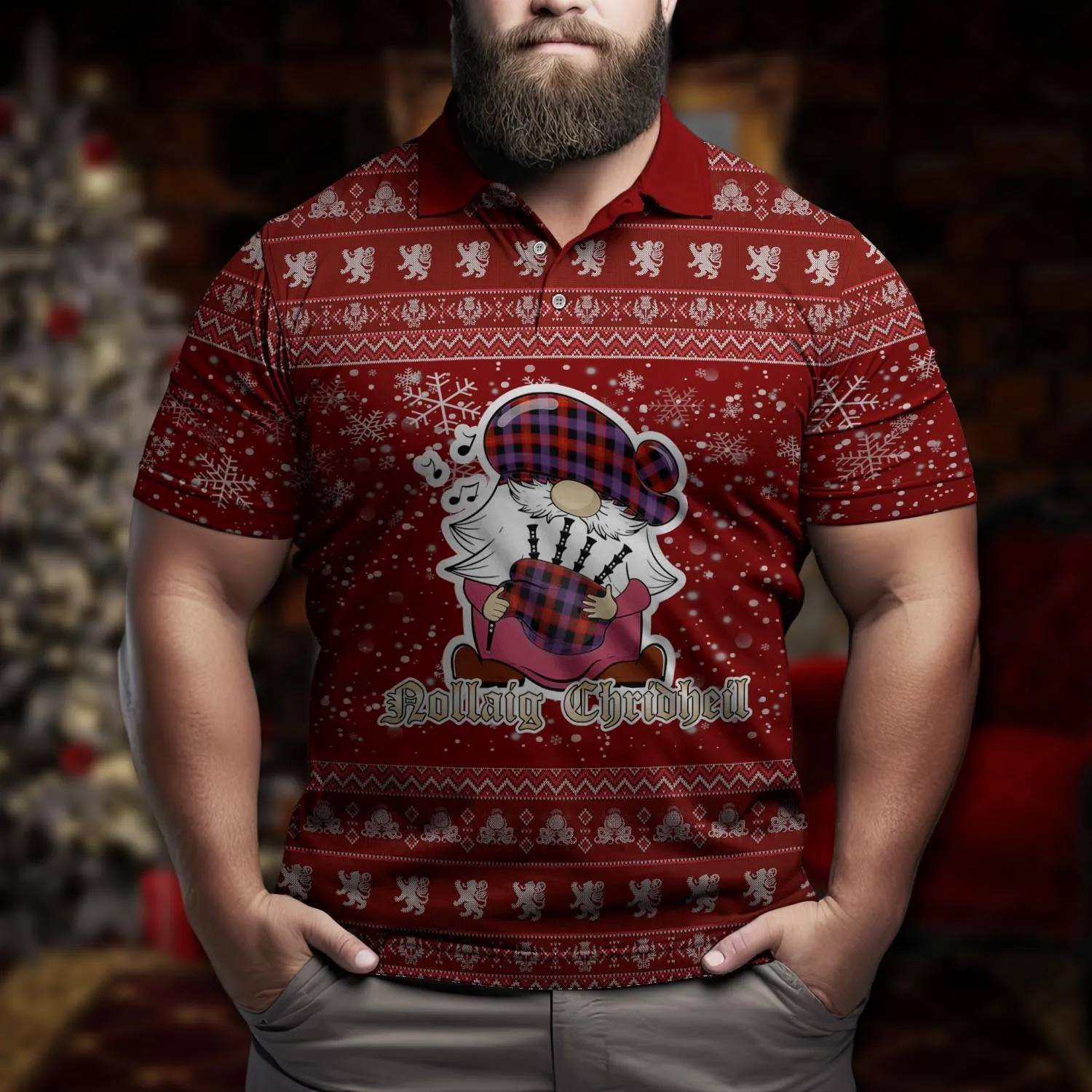 Broun Modern Clan Christmas Family Polo Shirt with Funny Gnome Playing Bagpipes