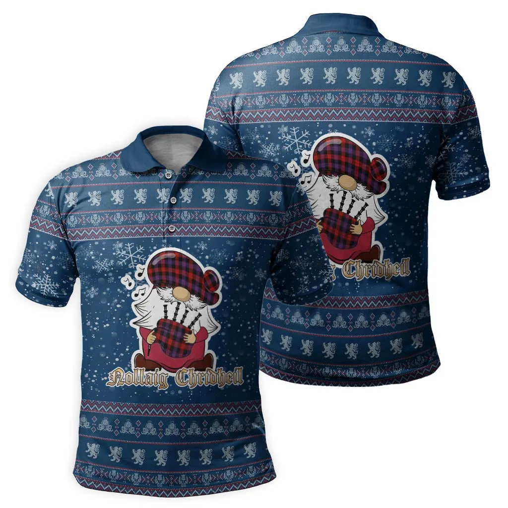 Broun Modern Clan Christmas Family Polo Shirt with Funny Gnome Playing Bagpipes