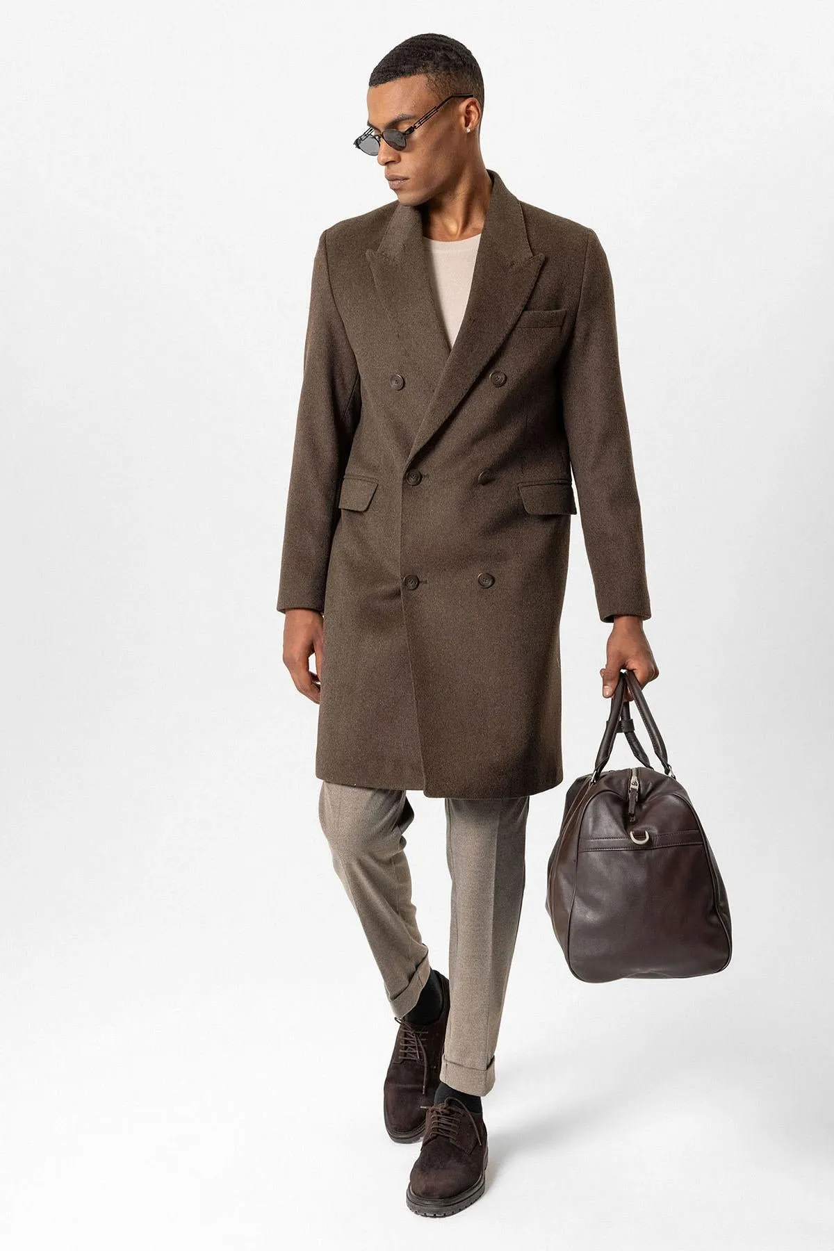 Brown Wool-Blend Double-Breasted Men's Coats - Wessi