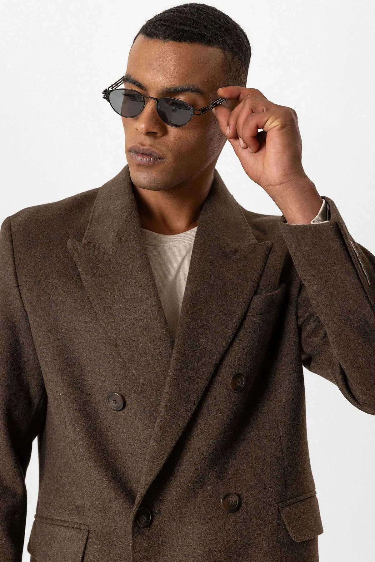 Brown Wool-Blend Double-Breasted Men's Coats - Wessi
