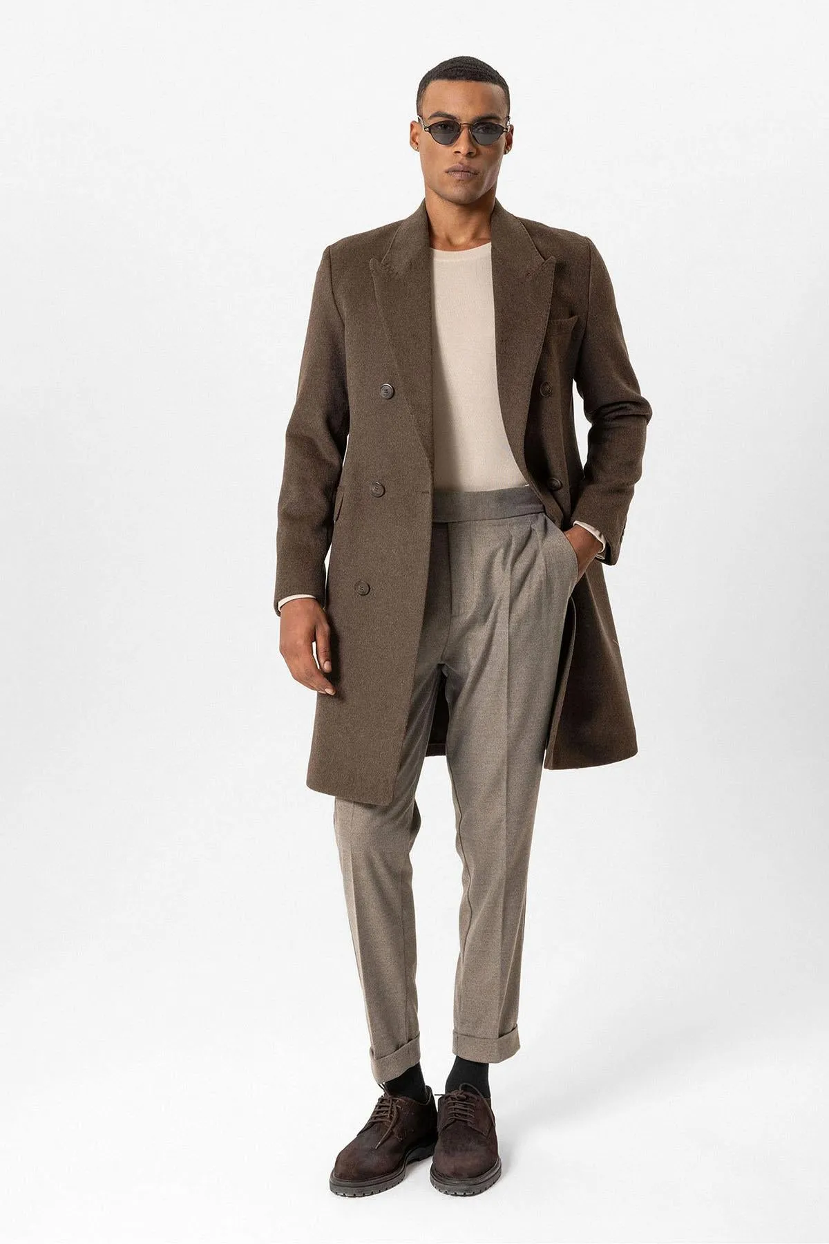 Brown Wool-Blend Double-Breasted Men's Coats - Wessi