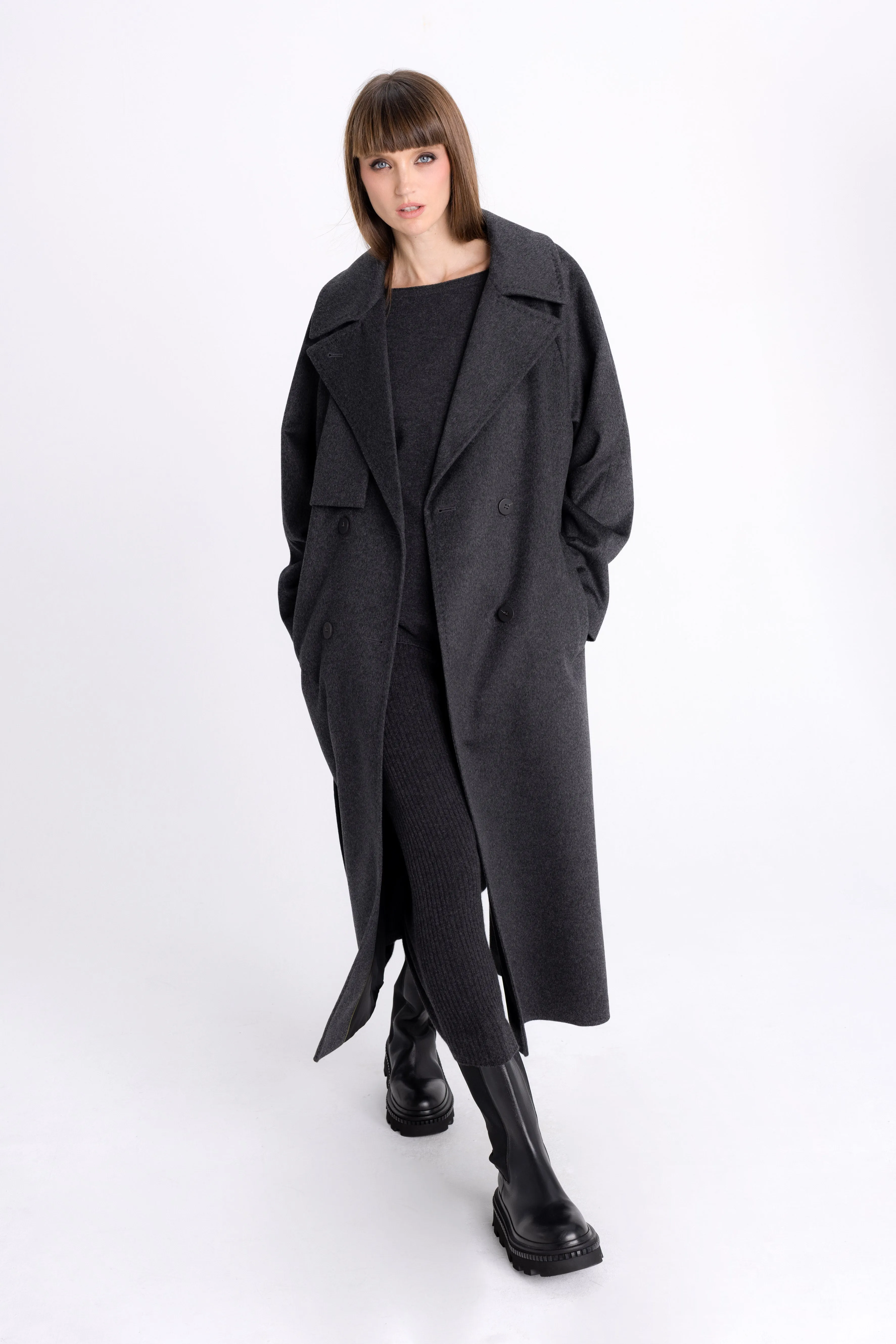 DARK GREY DOUBLE-BREASTED COAT WITH BELT