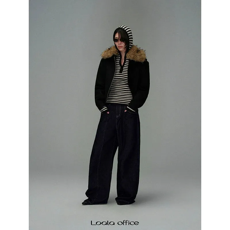 Detachable Fur Collar Black Wool Jacket