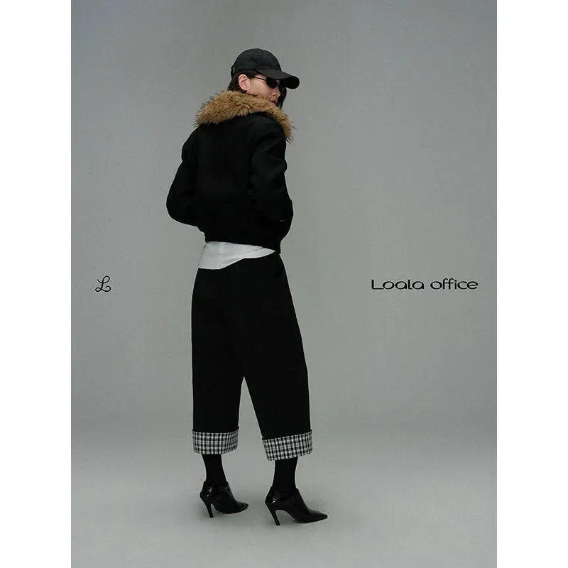 Detachable Fur Collar Black Wool Jacket