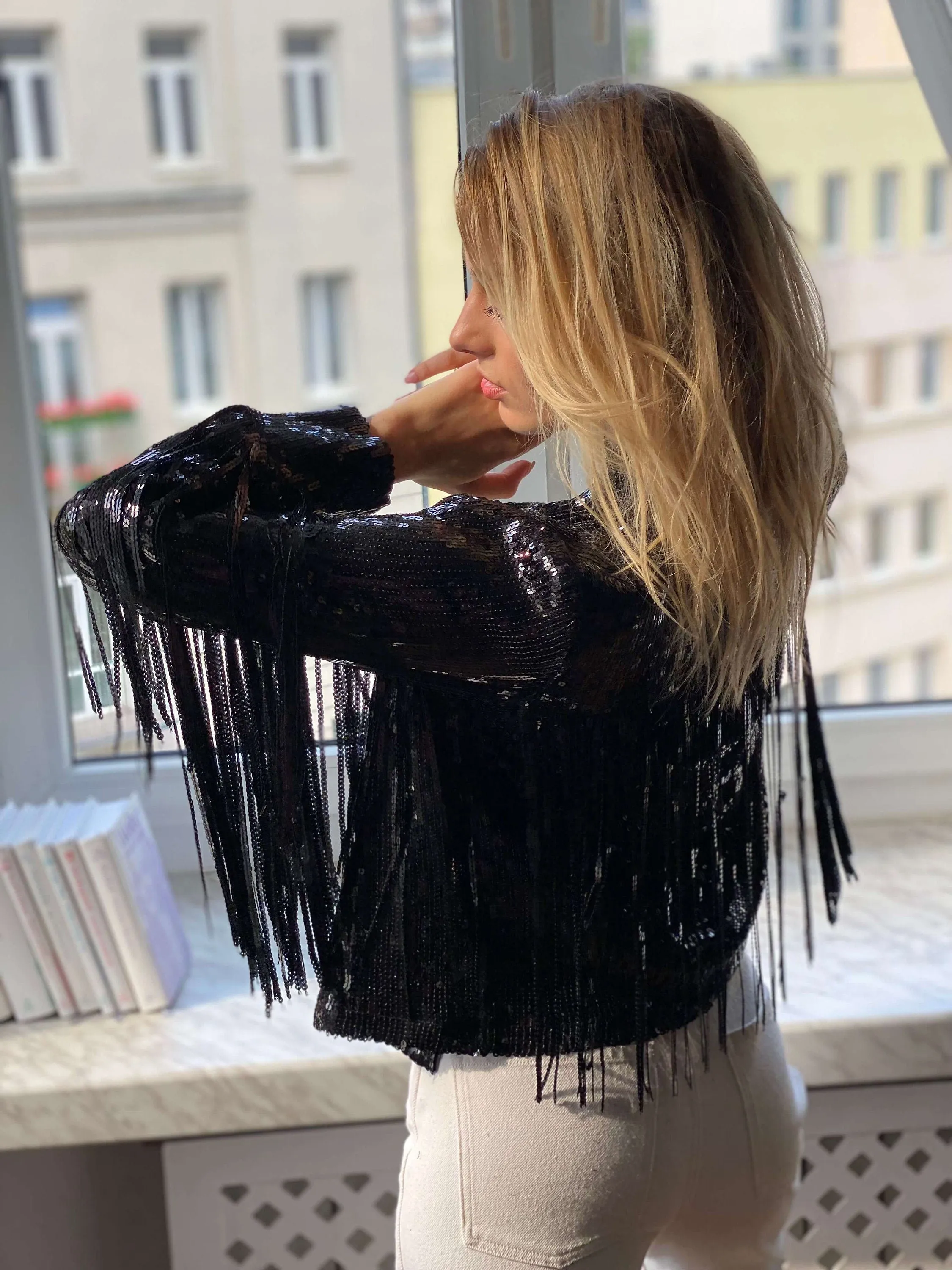 Fringe Sequin Bomber Jacket
