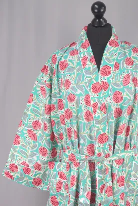 Green Dandelions Cotton Kimono Dressing Gown