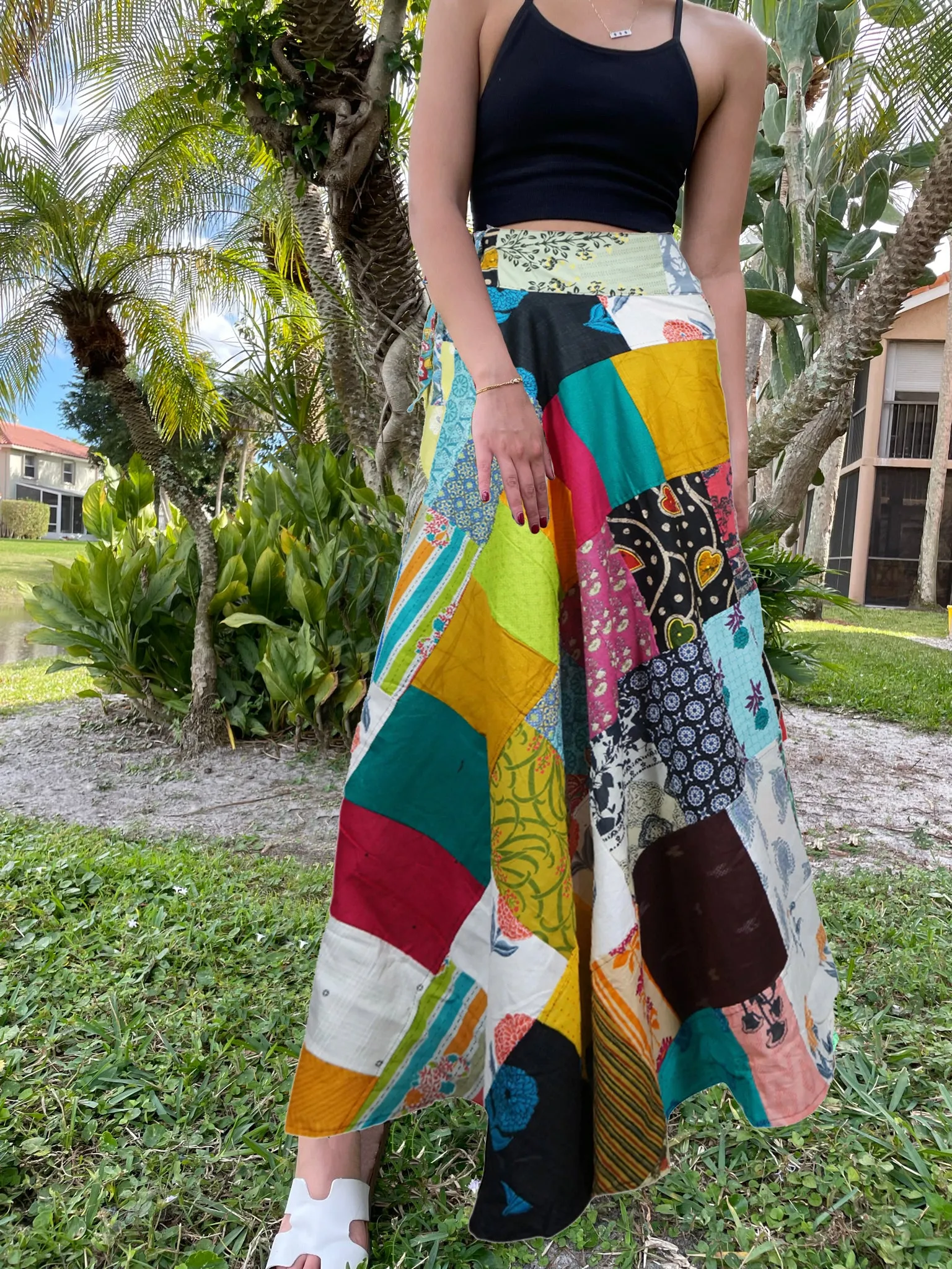 Hippie Wrap Skirt Apple Crush Patchwork Cotton Long Wraparound Skirt