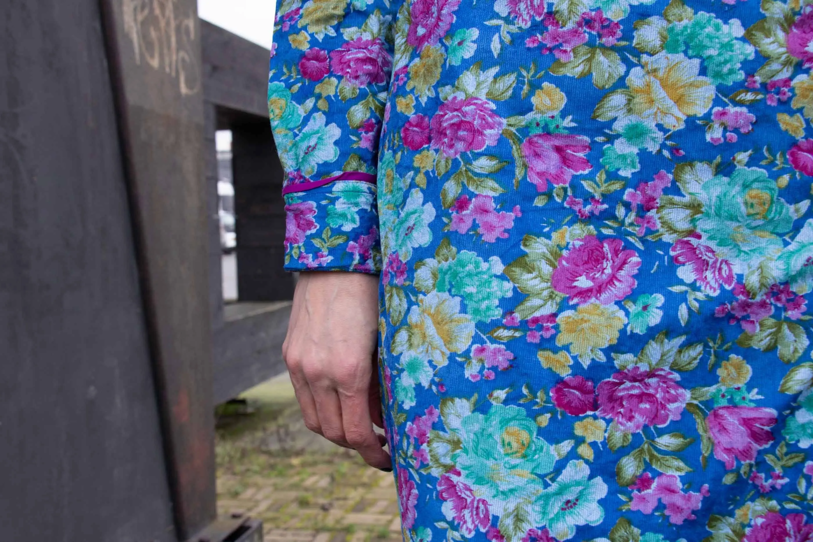 Long sleeves 100% cotton corduroy wrap dress - happy flowers