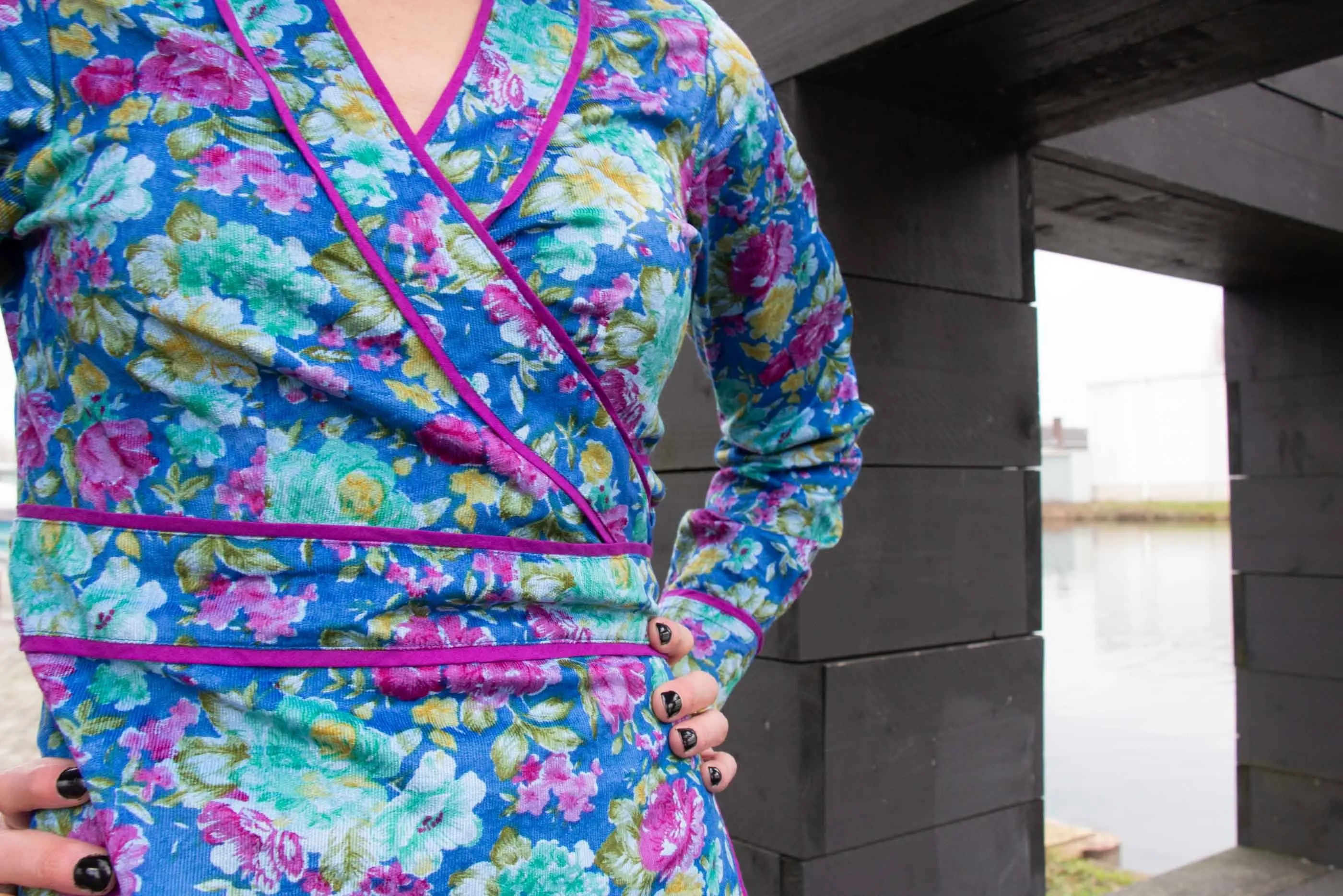Long sleeves 100% cotton corduroy wrap dress - happy flowers