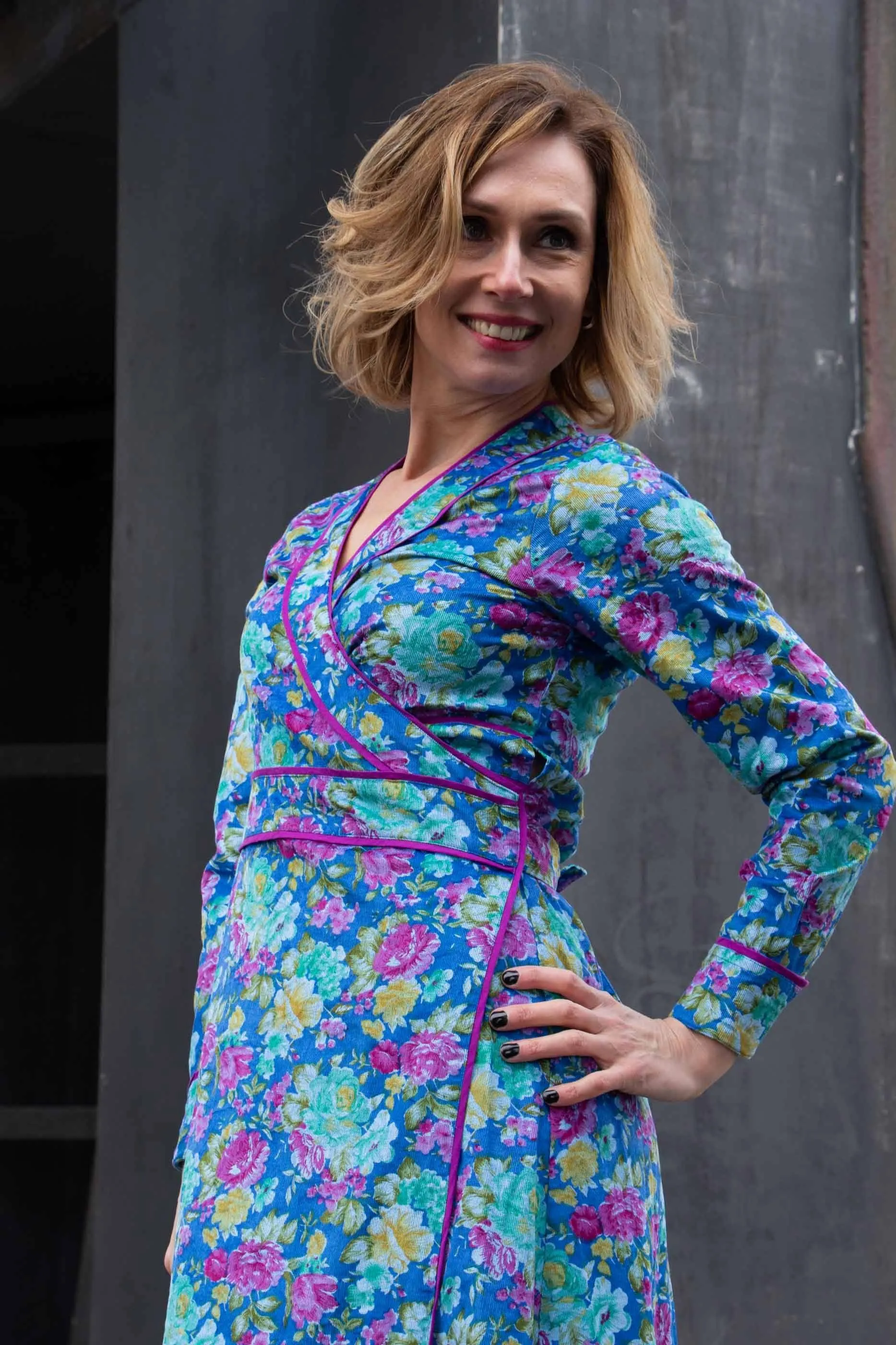 Long sleeves 100% cotton corduroy wrap dress - happy flowers