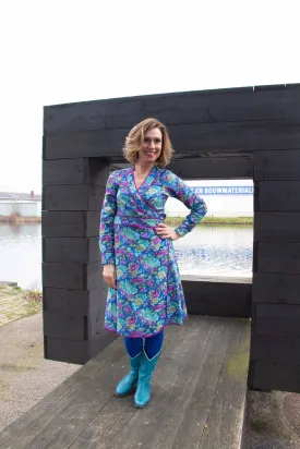 Long sleeves 100% cotton corduroy wrap dress - happy flowers