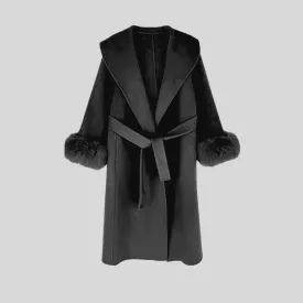 Luxurious Cashmere Long Coat With Fox Fur Cuffs - Black