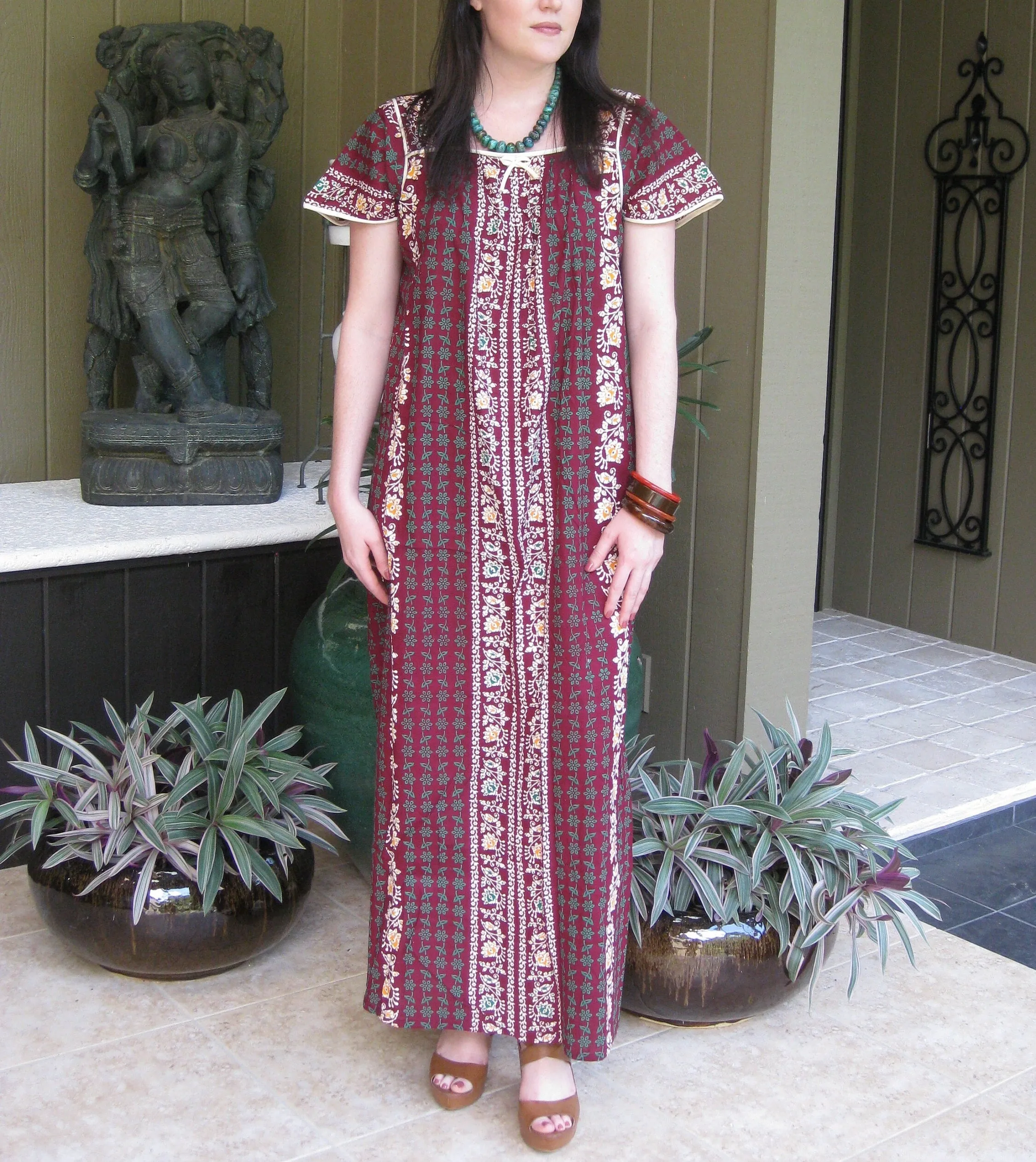 Maxi Caftan Dress, Muumuu, Yellow Floral Printed Short S