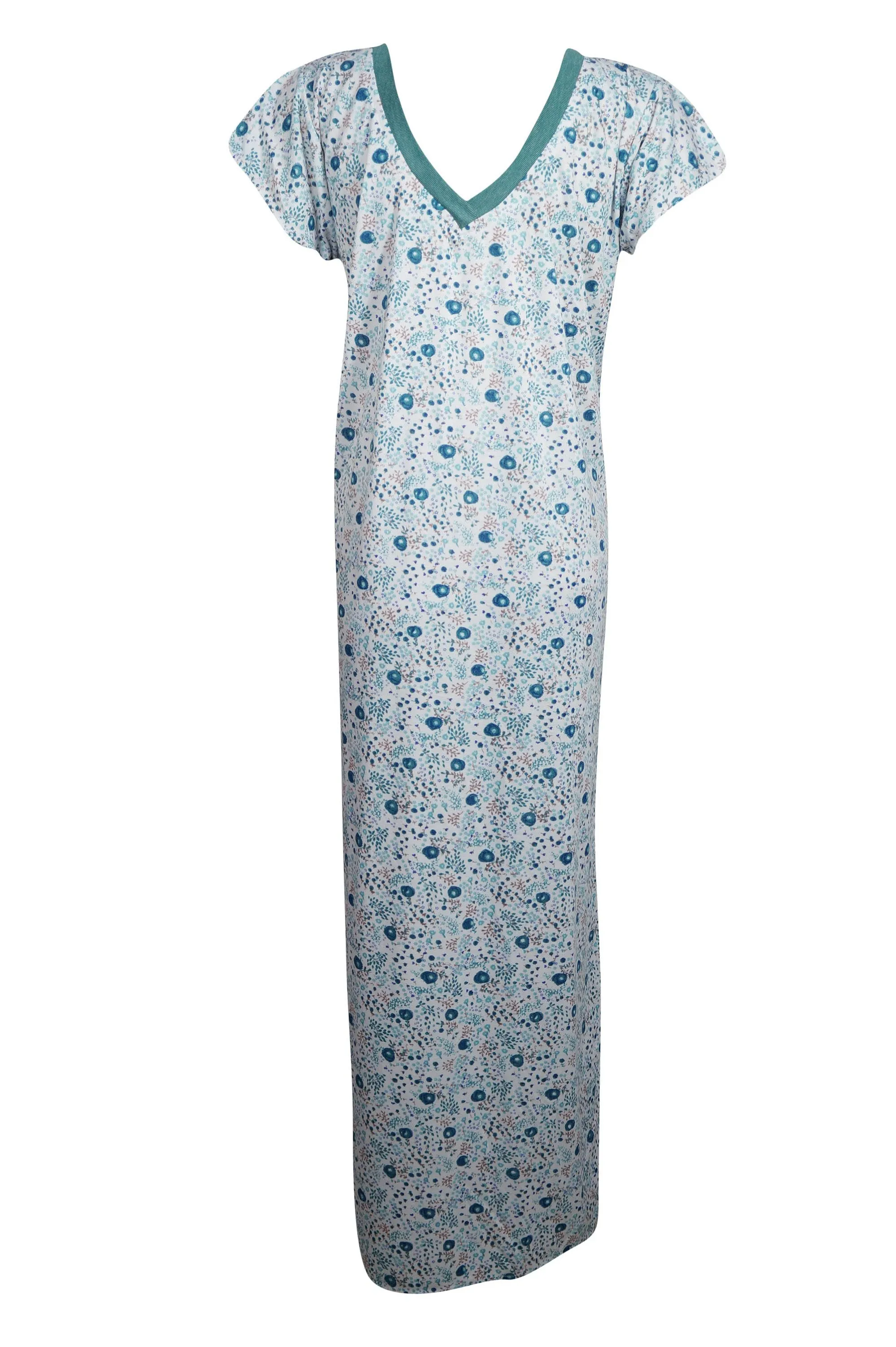 Maxi Caftan Dress, White Green Floral Printed Lounger M