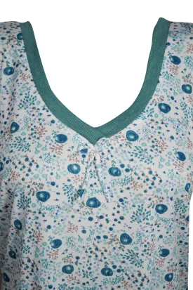Maxi Caftan Dress, White Green Floral Printed Lounger M