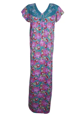 Maxi Dress, Blue Pink Floral Printed Sleepwear Dresses, L