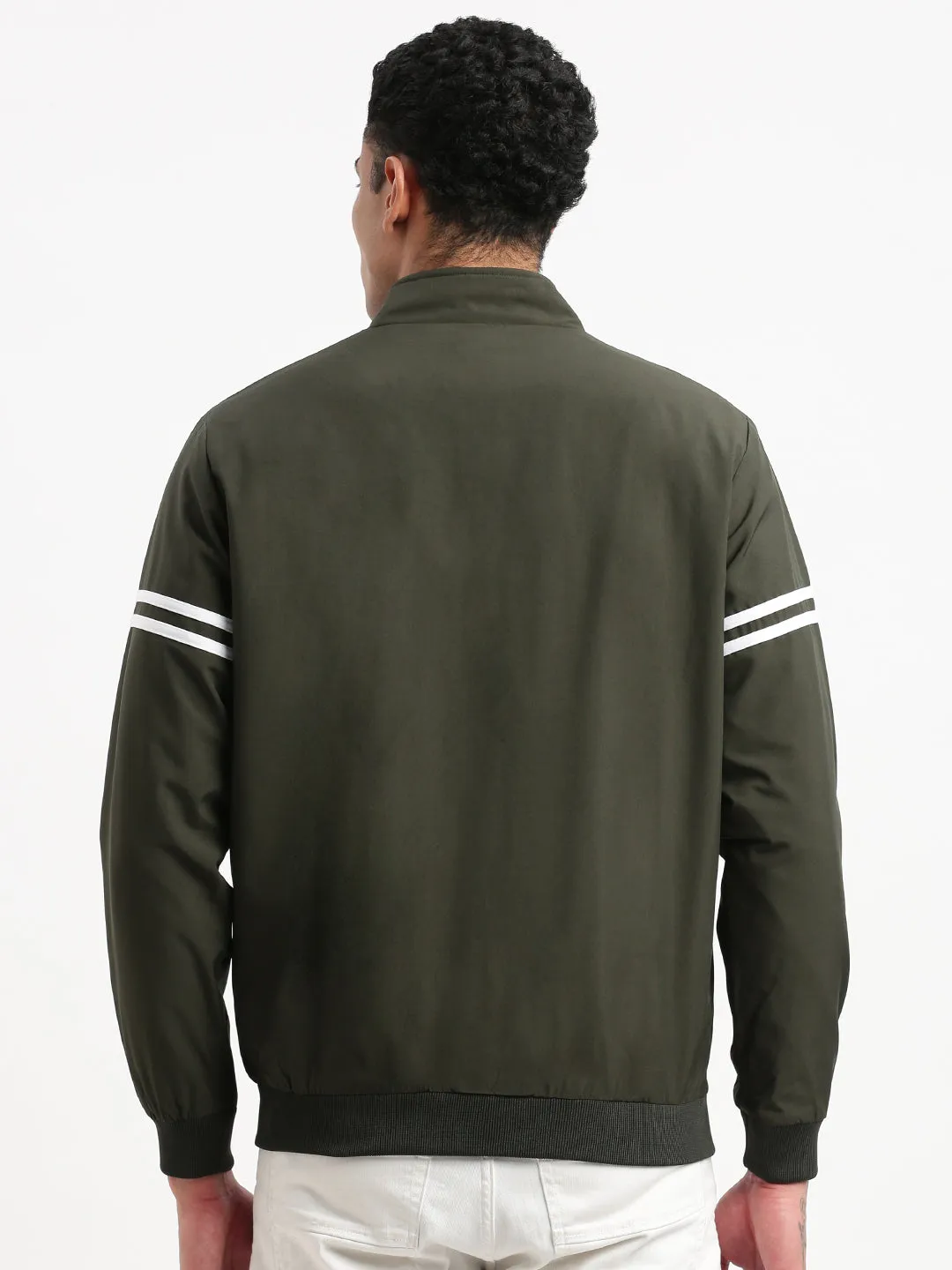Men Mock Collar Olive Solid Bomber Jacket