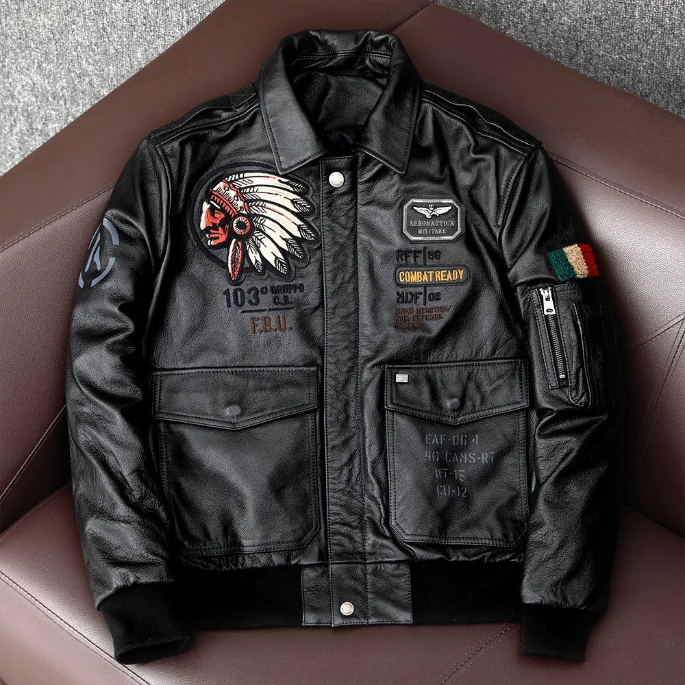 Men's Embroidered Bomber Flight Genuine Cowhide Leather Jacket