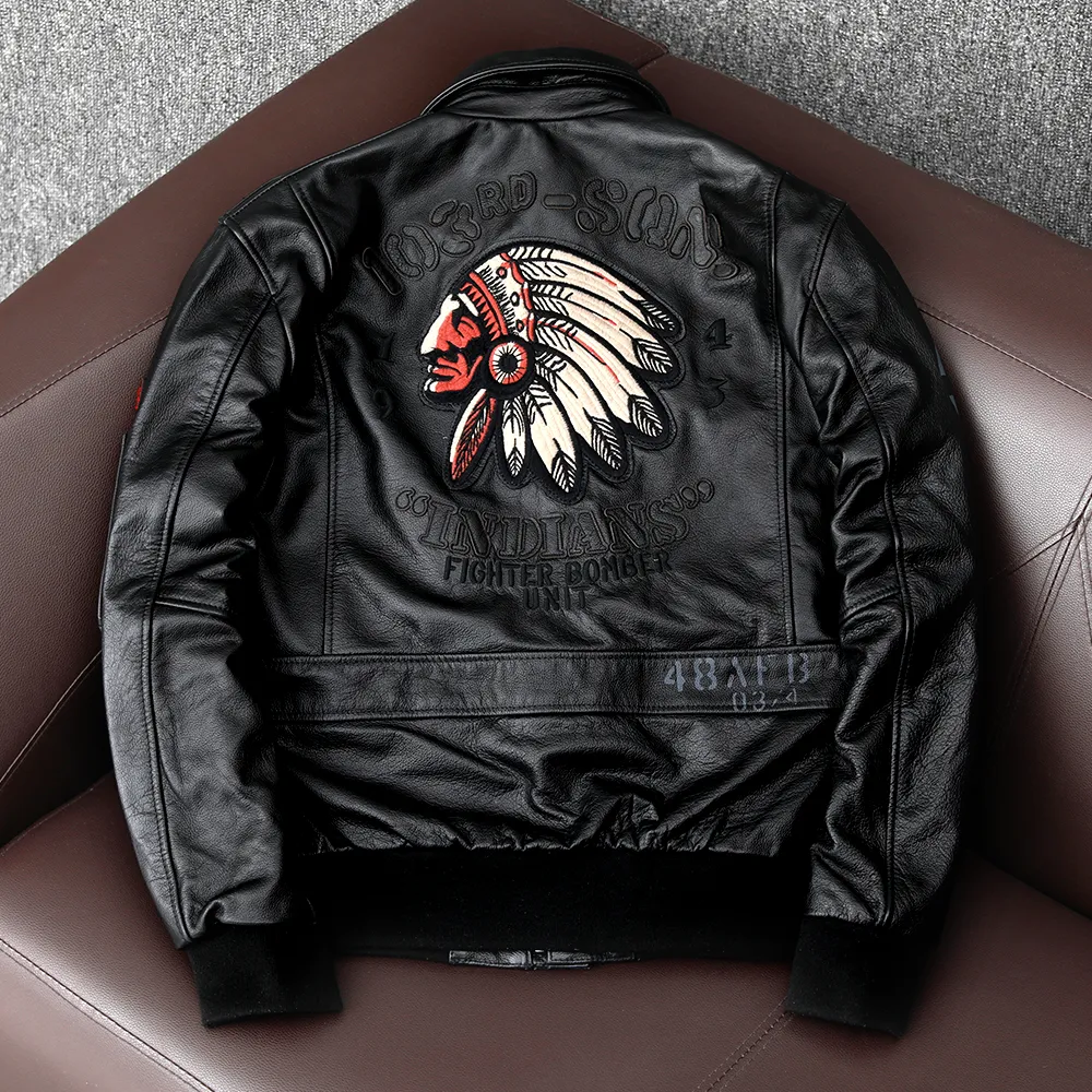 Men's Embroidered Bomber Flight Genuine Cowhide Leather Jacket