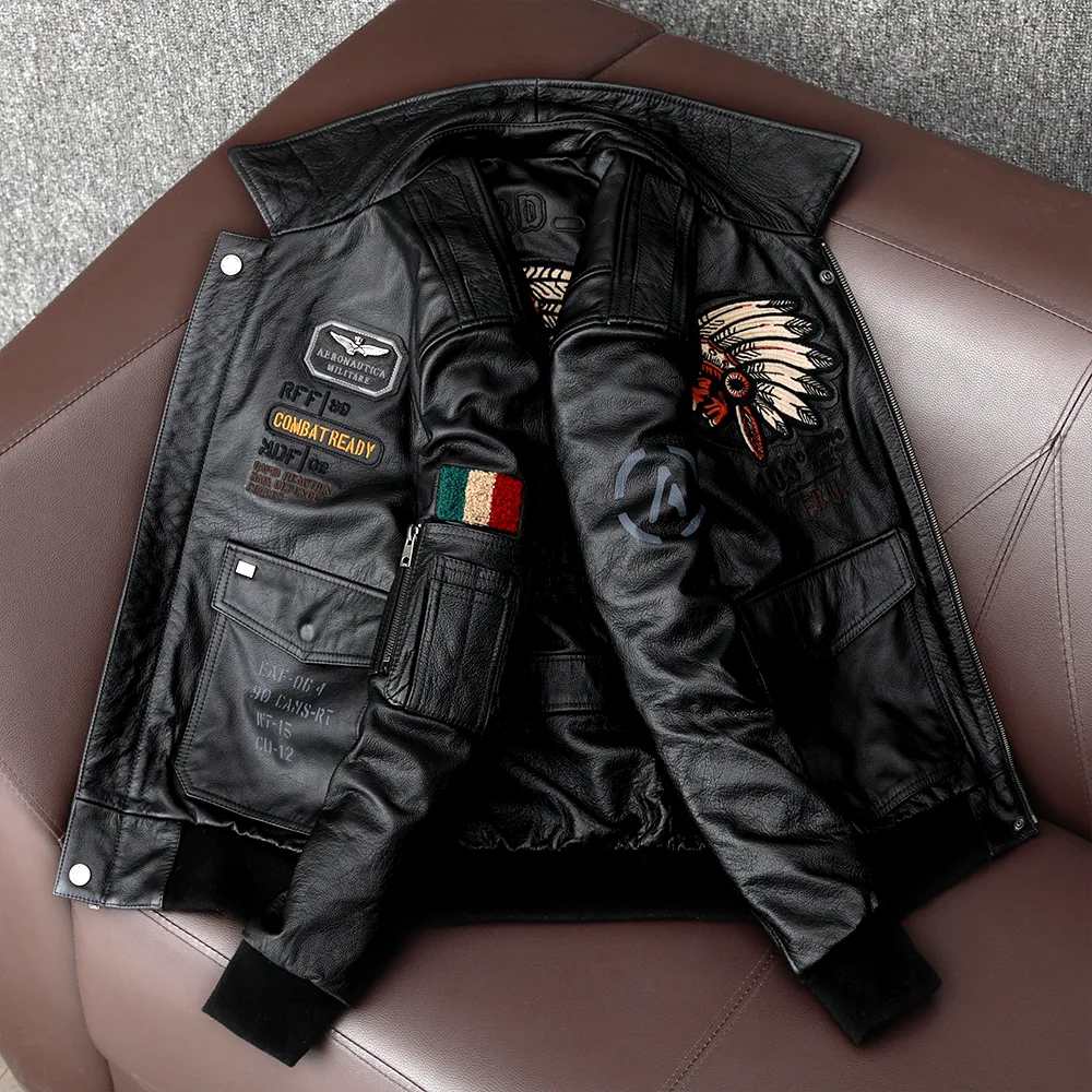Men's Embroidered Bomber Flight Genuine Cowhide Leather Jacket