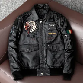 Men's Embroidered Bomber Flight Genuine Cowhide Leather Jacket