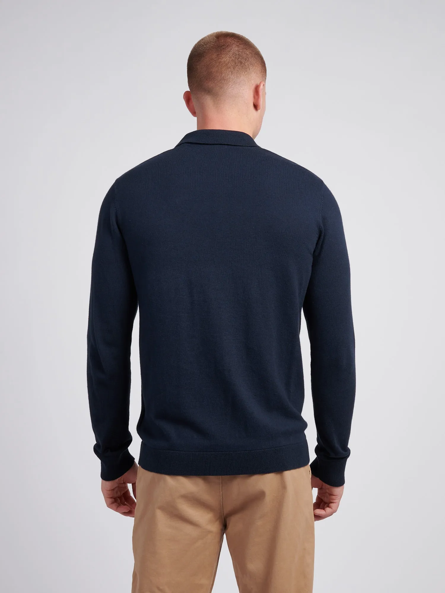Mens Long Sleeve Knitted Polo Shirt in Dark Sapphire Navy / Haute Red DHM