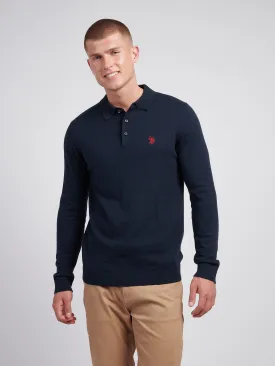 Mens Long Sleeve Knitted Polo Shirt in Dark Sapphire Navy / Haute Red DHM