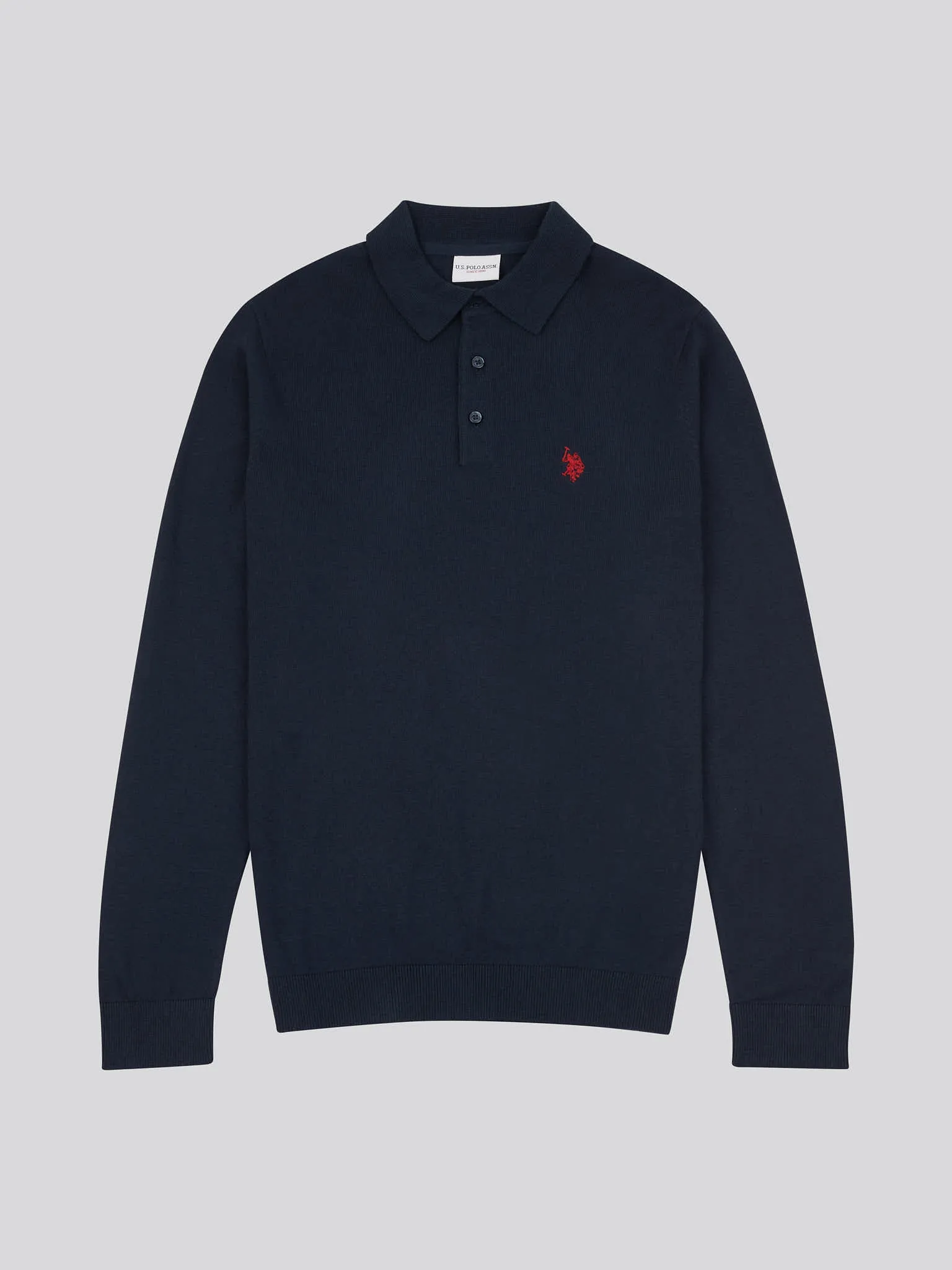 Mens Long Sleeve Knitted Polo Shirt in Dark Sapphire Navy / Haute Red DHM